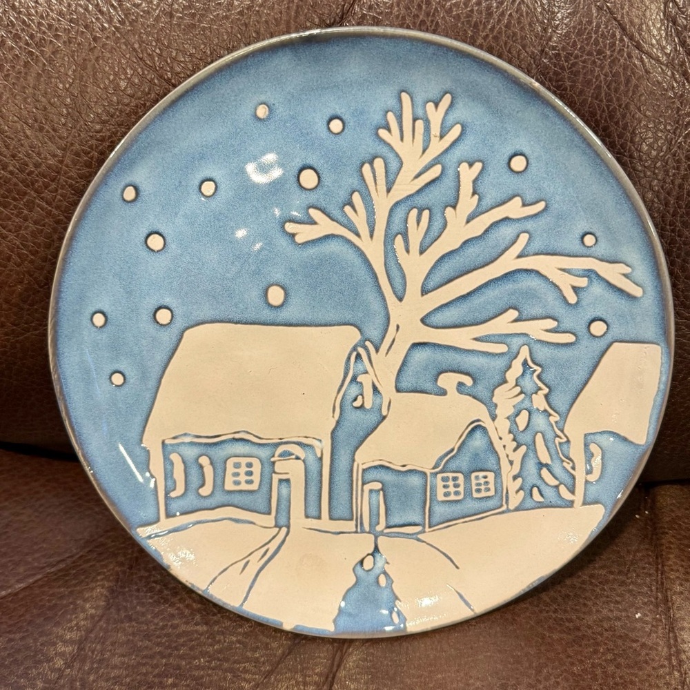 Snowy Winter Scene Nite Blue Christmas Salad Plate - Eli & Ana